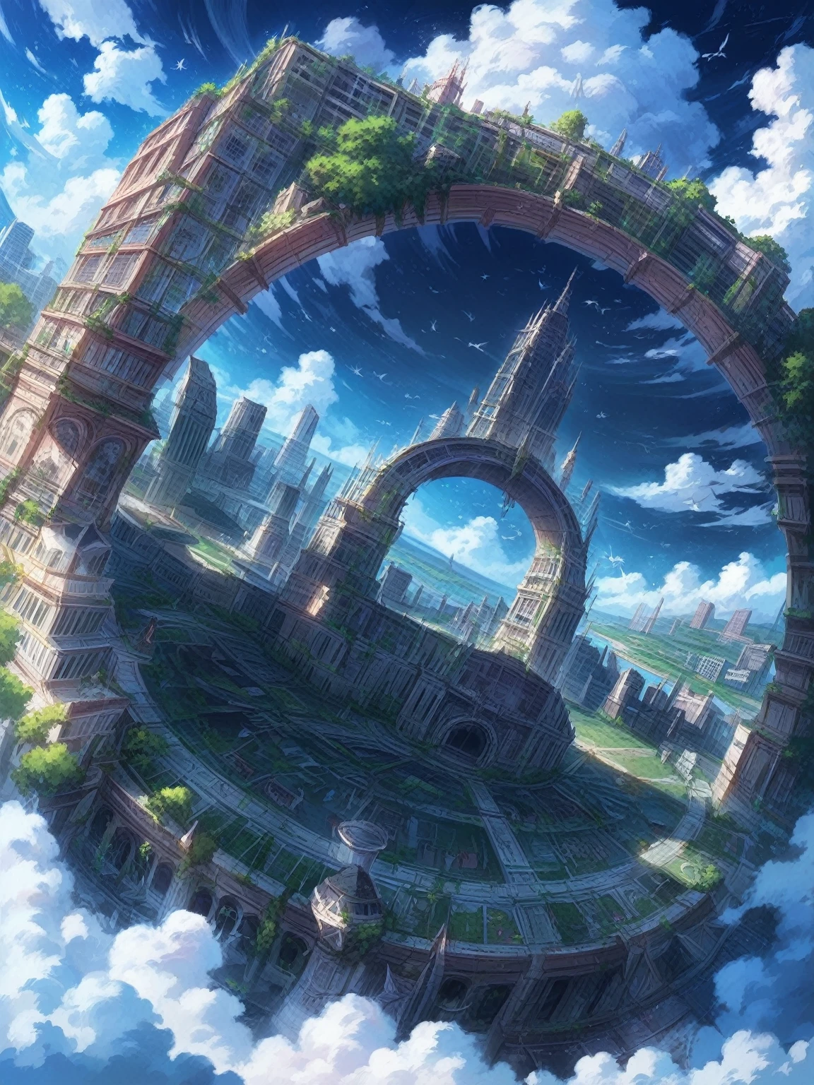 Aerial anime city with a circular structure in the middle, Wide angle fantasy art, Ruins of the ornate city, Highly detailed digital art in 4K, Fantasy architecture, Magic portal in the sky, Symmetrical epic fantasy art, highly detailed fantasy art, fantasy city background, Cities in the sky, City in the Sky, Detailed fantasy digital art, Fantasy Cityscape, Awesome Wallpapers