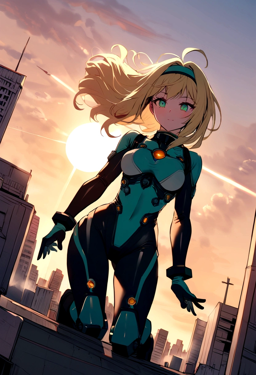 masterpiece, best quality, highres, 1girl, solo, superhero, (leotard, blue leotard with white accents, sleeveless), bare legs, boots, matching boots, gloves, bracelets, matching gloves, looking at viewer, city backdrop, perfect hands, perfect eyes, perfect leotard, perfect legs, perfect arms, perfect fingers, ((red diamond crest on chest)), (blonde hair, blue eyes, medium breasts, long hair), ahoge, standing straight, hands on hip, full body shot, heroic, (blue glow)