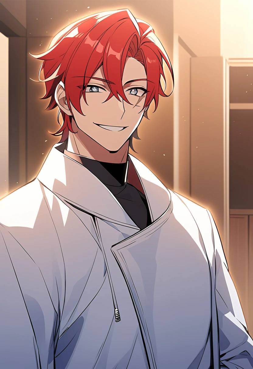 (fantasy_style:1.25), man, red hair, smiling, white coat, scar on eye, middle part, tall, apartment 