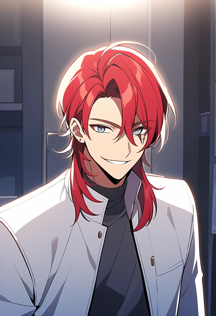 (fantasy_style:1.25), man, red hair, smiling, white coat, scar on eye, middle part, tall, apartment