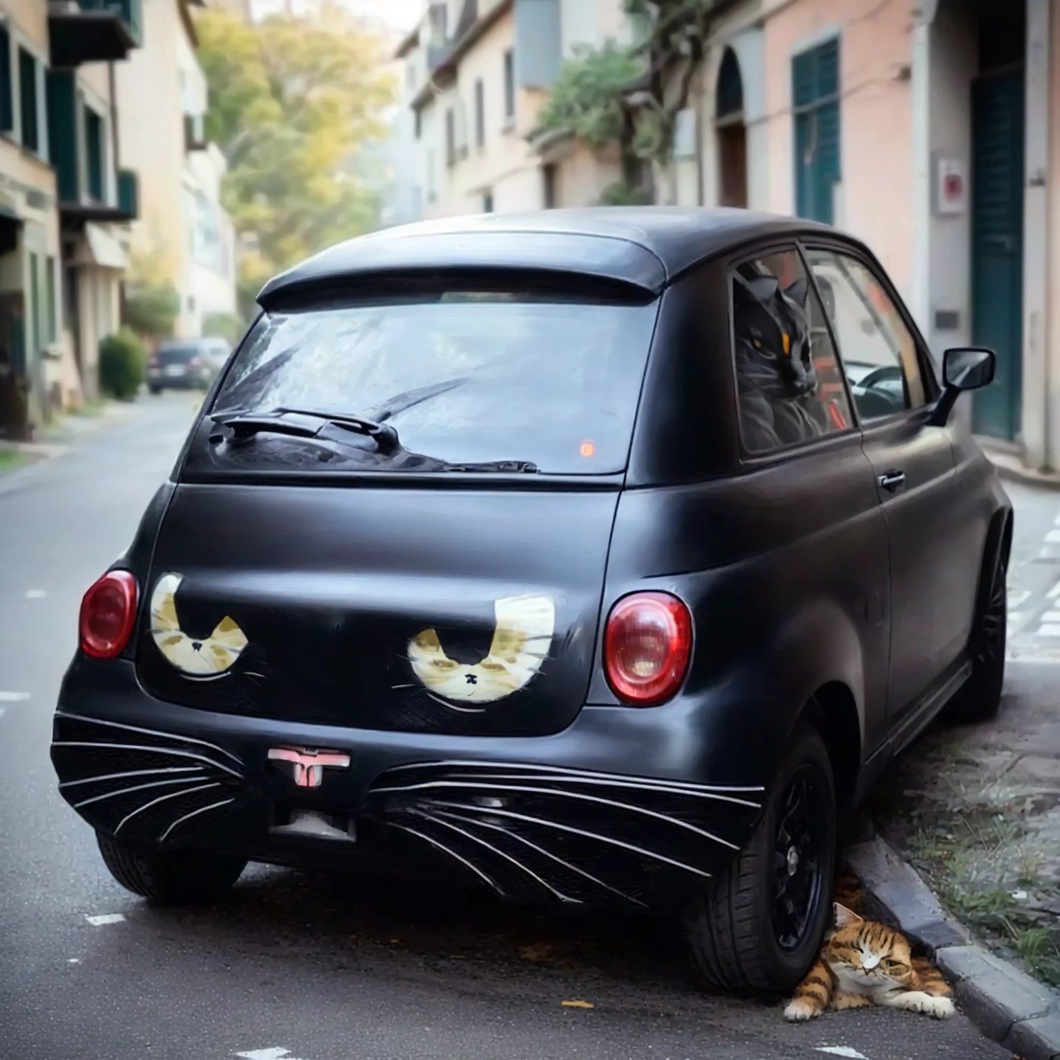 a close up of a car with a cat's face painted on the back, black car, the cars have faces, anime car wrap, cute future vehicles, the cat who could drive a car, menacing look, real life totoro, anonymous as a car, extreme shitty car mods, by Murakami, badass batmobile car design, cat eyes