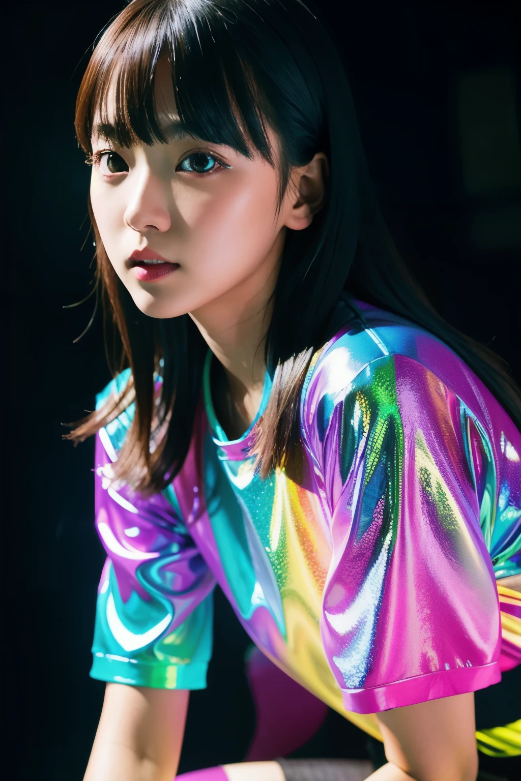 (Close-up from the knee up)、Portrait、Portraiture、(One person)、masterpiece、Highest quality、High contrast in clothing、psychedelic、、particle、Bloom、Neon lighting、(shine)、Flat Color、Splashes of color、Color mash、Round face、slim、Flat body、cute、Sensual pose、transparent vinyl garments、Holographic Clothing