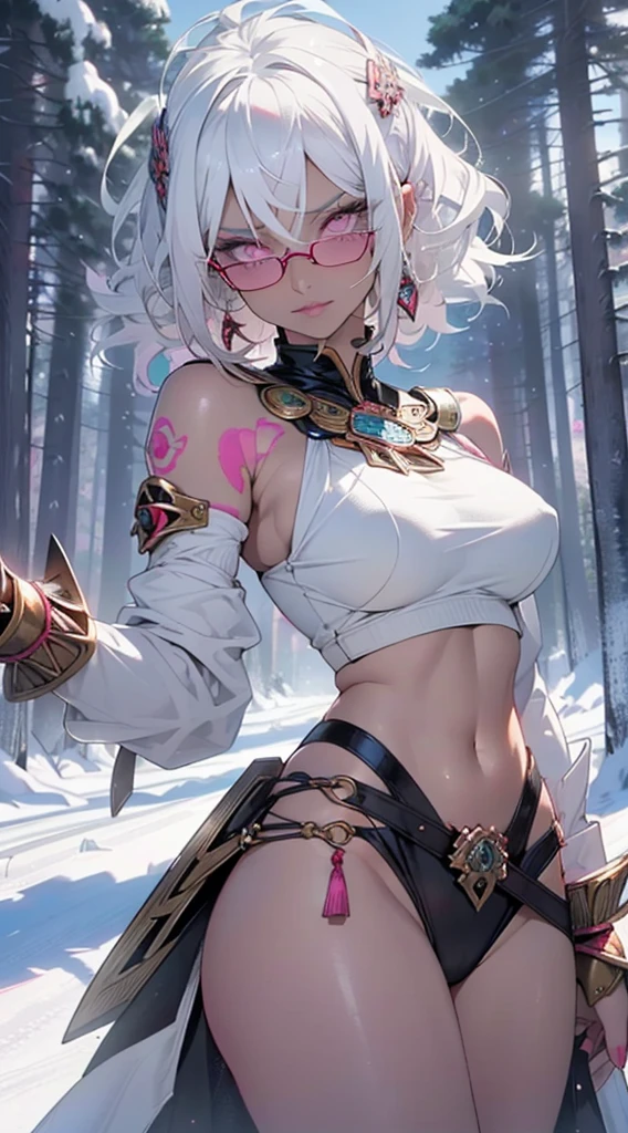 Female goddess quetzalcoatl, serious and sexy face, has a face of supernatural beauty, ((short white hair,white hair:1.3)), ((as well as Pink eyes)), (perfect anatomy) , (perfect eyes) Ihre Figur ist äußerst Lush, huge breasts, heavy breasts, Fitness hip,aztec armor, the breasts covered,Tear in the abdominal muscle,large abdominal muscle,white hair,(((dark black skin:1.3,dark brown skin))), woman,1Female,((milf,Mamma,tires,tires woman,45 years old, Female,adult)), (big boobs:1.5),sagging breasts,colored inner hair,((Pink_eyes:1.3))),complicated eyes,beautiful detailed eyes,symmetrical eyes,((((shiny skin:1.5,light skin: 1.5,Skin tanned,shiny skin,very shiny skin,shiny body,glowing skin)))),(Spider Belly,slender waist,wide hips,Baby-Body,pumped up legs,thick thighs),(((detailed face))),((strong body)), (lovable,slutty,sensual,seductive look,seductive,((erotic)),opulent,Lush,longing,((Not suitable for work)), ((Glasses:1.2)),queen,goddess,The fantasy,Provocative clothing,Show skin,(göttliche aztec armor:1.5,Femalee aztec armor:1.3),(Aztec style:1.5), bare belly, bare shoulders, Gold Bracelets,Detailed outfit,Decollete,Green Theme,red theme,golden theme,white theme,(((complicated outfit,complicated clothes))), (dynamic pose:1.0),arrogant face, arrogant smile, ,(centered,Adjust to dimensions,Rule of thirds), ((snowy pine forest)),winter,landscape:1.25,((complicated landscape)),((snow forest background)),Christmas tree, (Shiny winter decoration),highres,keen focus,(ultra detailed,extremely detail),(photorealistic artwork:1.37),(extremely detail CG unity 8k wallpaper),(((bright colors,lively topic))),(complicated),(masterpiece),(best quality),
