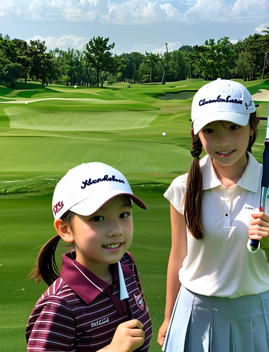 (high quality)、(High resolution)、2 、smileで私を見て、whole body、Two elementary school girls pllub,cap,No makeup,12 years old,smile,front,whole body,cute