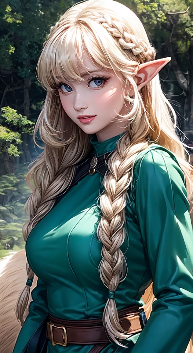 (masterpiece, best quality), beautiful beautiful elf ranger with a huge dire wolf companion patrolling the mystical mountain forest, detailed ranger armor, braided hair, perfect face, beautiful face, big gorgeous eyes, perfect slim fit body, serious, afternoon, bright colors