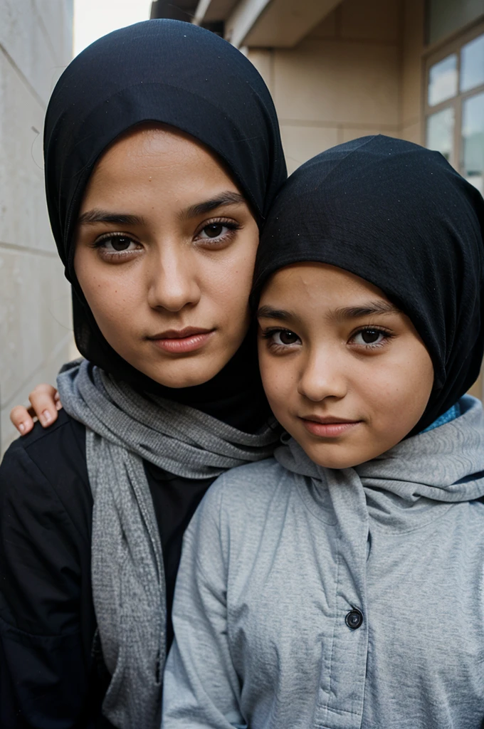 A woman wearing a hijab and an 8 year old girl
