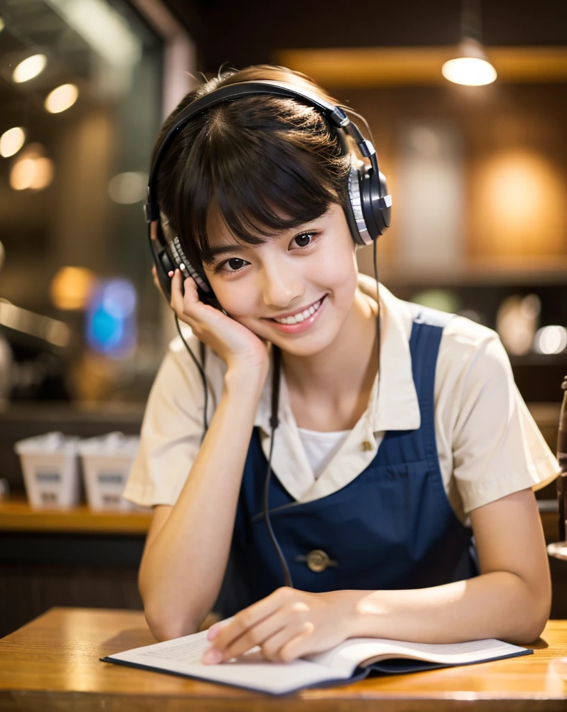 Ultra HD、128k、masterpiece、A cute elementary school girl studying in a coffee shop while listening to music with headphones、clavicle, RAW Photo、pretty girl、Hands on headphones, Warm lighting、Beautiful night view、Japanese anime style、Looking at this, smile, Smile