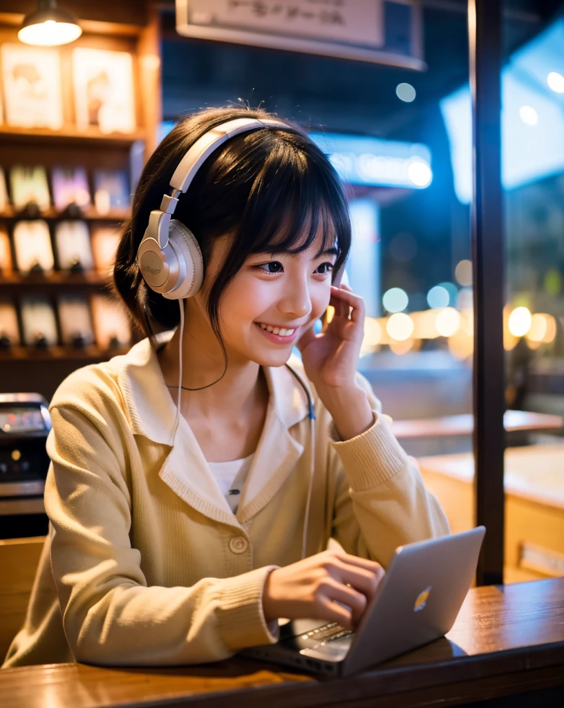 Ultra HD、128k、masterpiece、A cute elementary school girl studying in a coffee shop while listening to music with headphones、clavicle, RAW Photo、pretty girl、Hands on headphones, Warm lighting、Beautiful night view、Japanese anime style、Looking at this, smile, Smile
