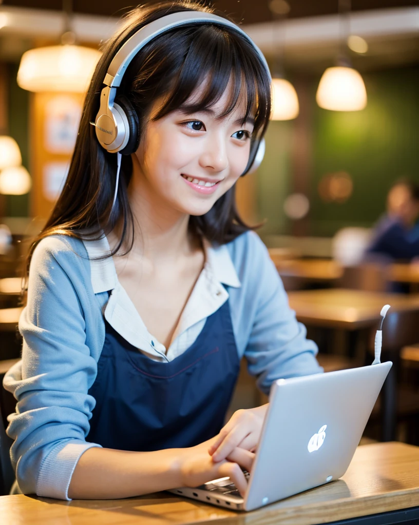 Ultra HD、128ｋ、masterpiece、A cute elementary school girl studying in a coffee shop while listening to music with headphones、clavicle, RAW Photo、pretty girl、Hands on headphones, Warm lighting、Beautiful night view、Japanese anime style、Looking at this, smile, Smile