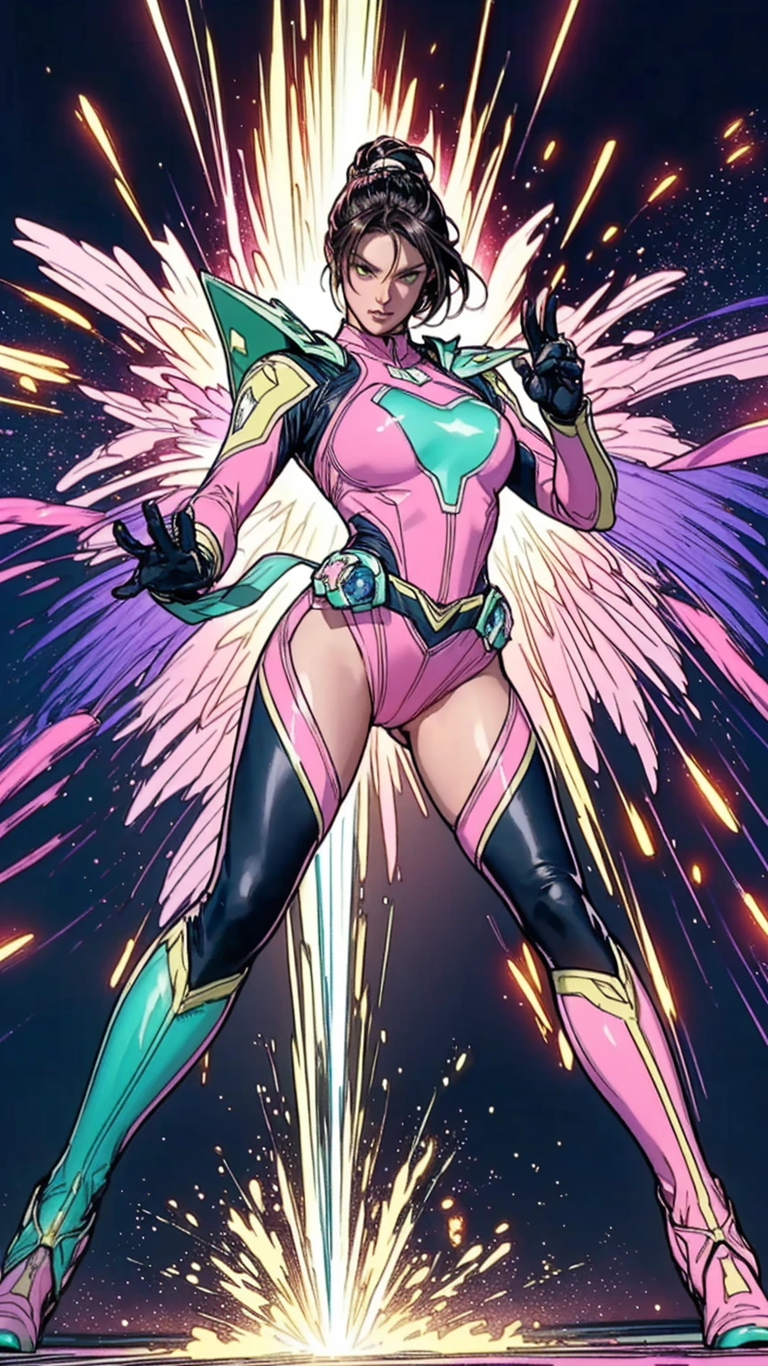 Solo, A brave and courageous image of a 6 member ranger team, Each one is decorated in vibrant colors such as:: ((Pink)), red is front of center, violet, Green, yellow, blue black, white,. Dynamic poses in a background that exudes energy and courage, neon, fire, plasma, Fluorescent, shocking, pink big bomber, splashing pink, running, fighting pose, action pose, Embodying the essence of the classic Sentai superhero team. Each Ranger:: The attire is sophisticated and modern, Each color has elements that reflect its theme., Ready for action. ((Camel Toe)), weapons, in sunset background , in cinematic lighting, cover art mixed cinema poster style,