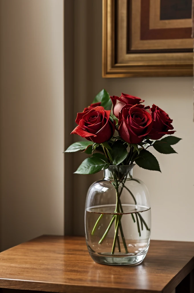 painting of a single red rose in a glass vase on a table