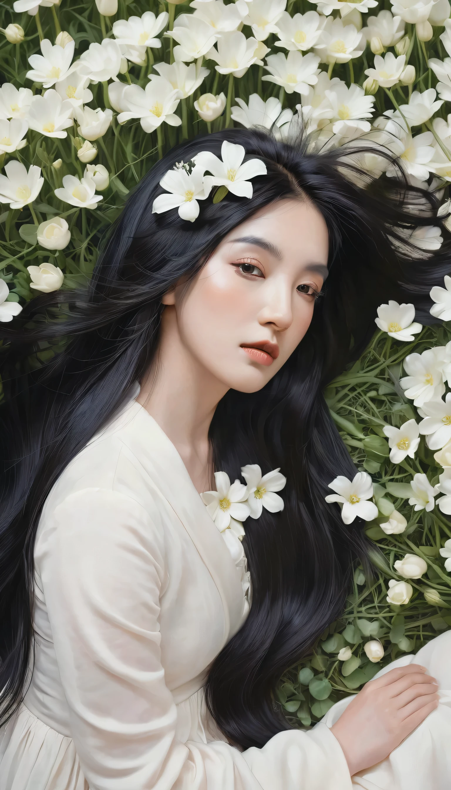 (oil painting:1.5), a woman with long black hair and white flowers in her hair is laying down in a field of white flowers, (amy sol:0.248), (stanley artgerm lau:0.106), (a detailed painting:0.353), (gothic art:0.106)