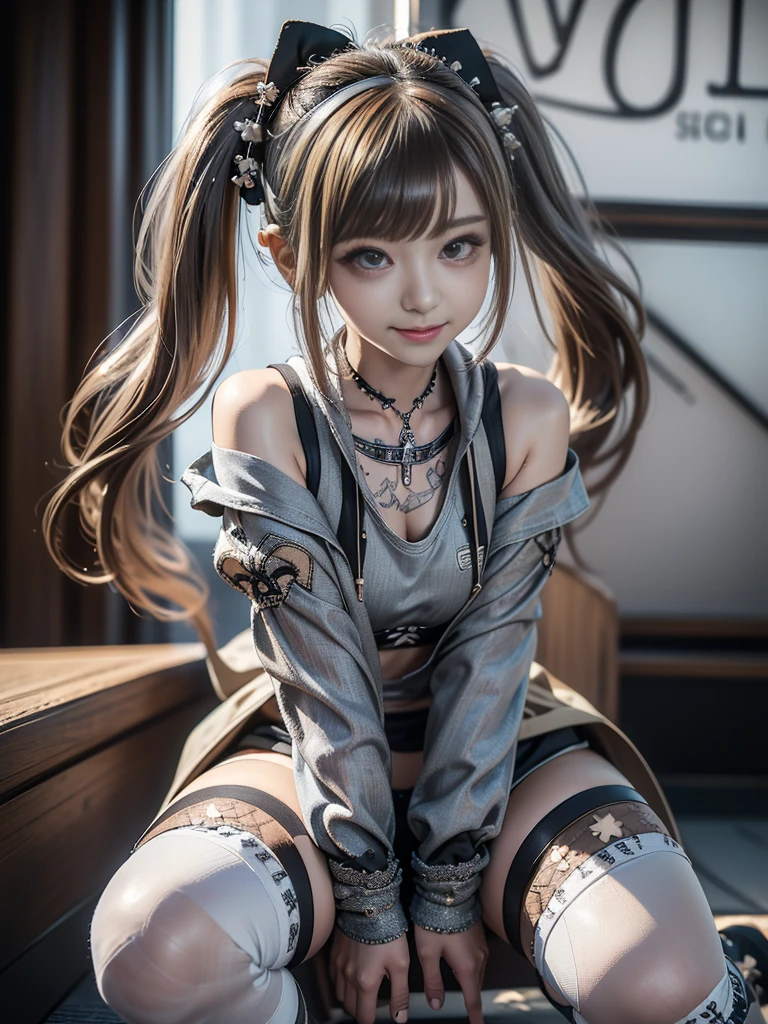 (Full Body View:1.2)、(Side view:1.1)、(Smiling with teeth showing:1.3),(Shibuya Gal:1.5)、(Gothic Lolita style fashion:1.5)、(Punk RockVisual Kei:1.5)、(Wearing a rhythmic gymnastics bodysuit with intricate details:1.4)、(Racing suit and pants with intricate white, denim and turquoise decorations:1.5)、(Denim with turquoise and white boots:1.3)、((belt))、(Numerous delicate logo marks all over the costume:1.4)、(collar:1.3)、(Striped underwear:1.5)、20-year-old、NSFW、((highest quality、In 8K、masterpiece:1.3))、Sharp focus:1.2、(Layered Cut、Huge boobs:1.1),Beautiful woman with perfect figure:1.4、(Sexy gravure squatting pose:1.3)、Slender Abs:1.2、Highly detailed face and skin texture、Detailed eyes、double eyelid,(Twin tails:1.3)、(Brown-golden hair:1.3)、Gravure idol、(The background is the stage of the fashion show:1.3)、(Slim body:1.3),(Make your legs thinner:1.4),（clavicle:1.1）、(Thin thighs:1.2)