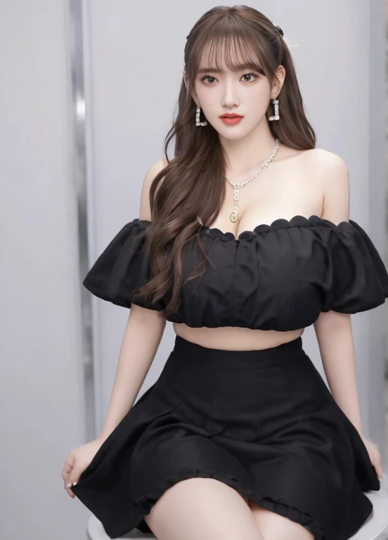 best quality, Cheng Xiao, 1 Girl, Solitary, Long hair, Looking at the audience,  Brown hair,  skirt, Bare shoulders,  Shut up, Upper Body, earrings, necklace, Off-shoulder, black skirt,  off-shoulder skirt ((Full and soft breasts,)))(((Large Breasts))) (((Cleavage)))