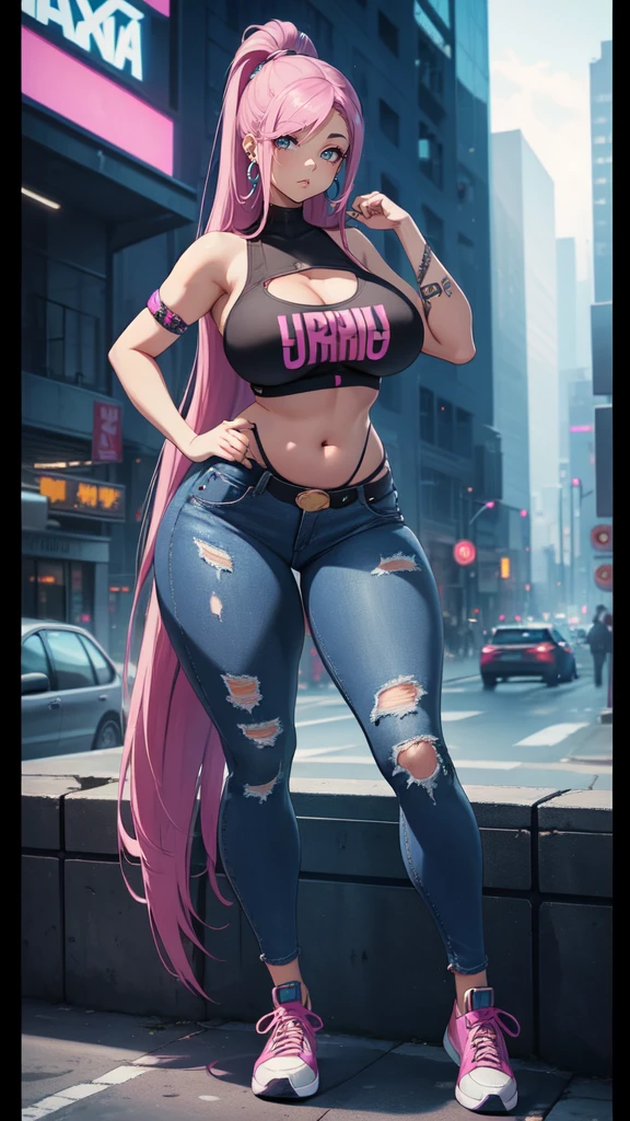 (blank background), (((full body framing))), standing, (masterpiece), (best quality), huge girl, (muscular girl:0.8), (thin hair:1.7), (long blue jeans), massive breast, hair over one eye:1.4, sport bra, (fuchsia hair), belt under navel, sneakers, ((long legs:1.6)), rock band shirt, cute:1.8, adorable:1.8, leather jacket, cyberpunk girl, ear piercings, earrings, tatoo, (very curvy:1.3), 1girl, solo, (curvy:1.4)