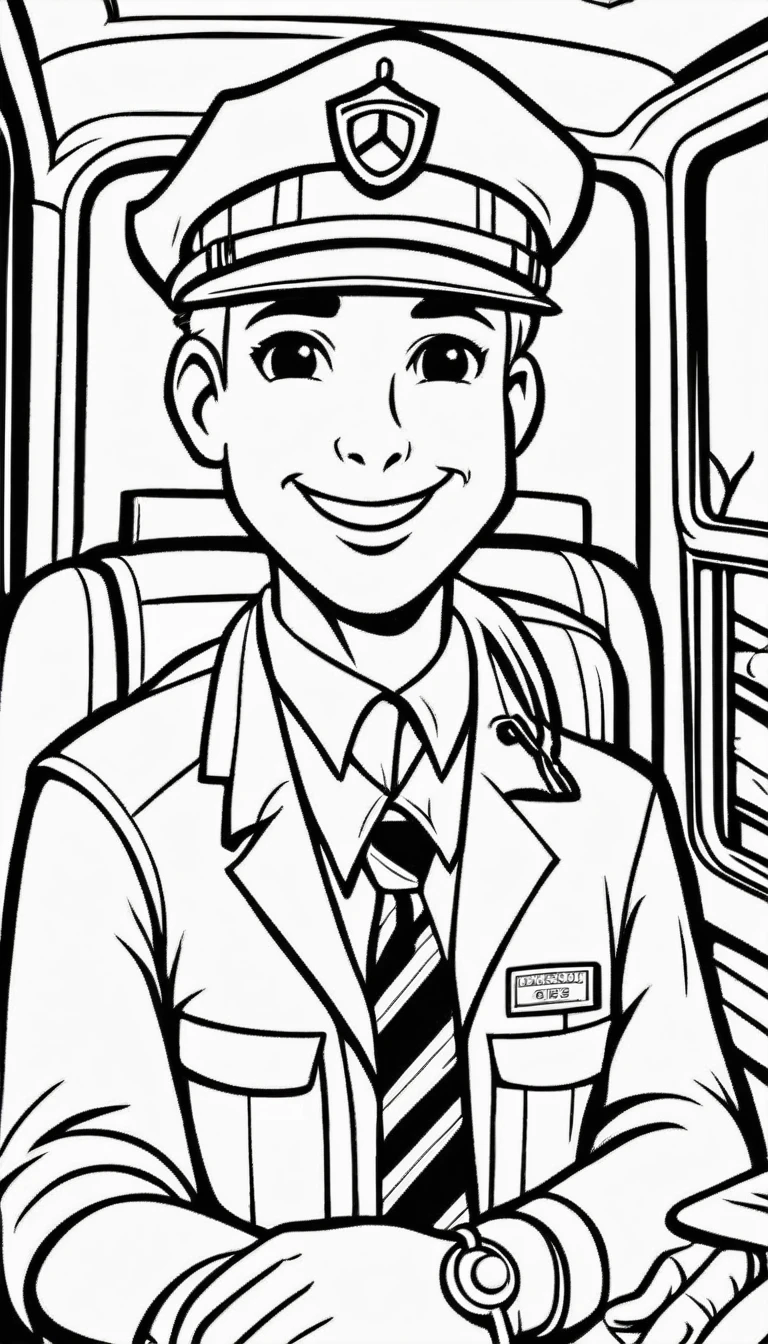A cute bus driver, cartoon, ,Coloring Book, ColoringBookAF,