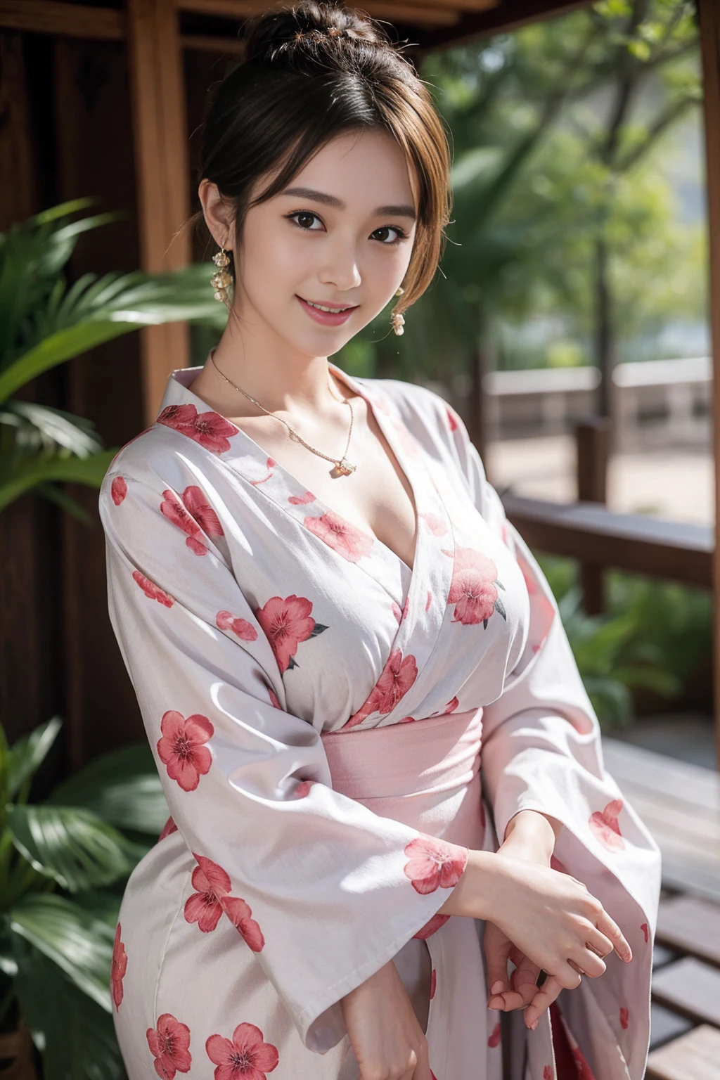 Highest quality,8K, Detailed facial depiction, Detailed description of the eyes,One Woman, Light brown hair(Short Hair),Hair tied up,Beautiful Japanese Girl,24-years-old,Cute eyes,Cute Smile,Yukata beauty,Red floral yukata,Slender body, Large, plump breast size, Long and beautiful legs,Smiling, Colorful earrings,necklace,Are standing,Beautiful nape,Summer festival
