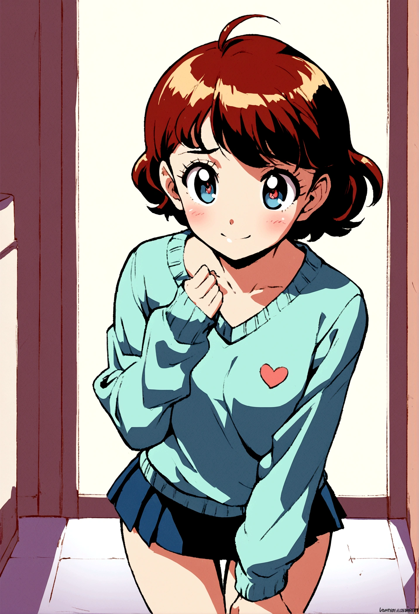 1 girl, Young ager, retro anime style, lover,short hair ,((by address)), shy smile, school sweater, short skirt