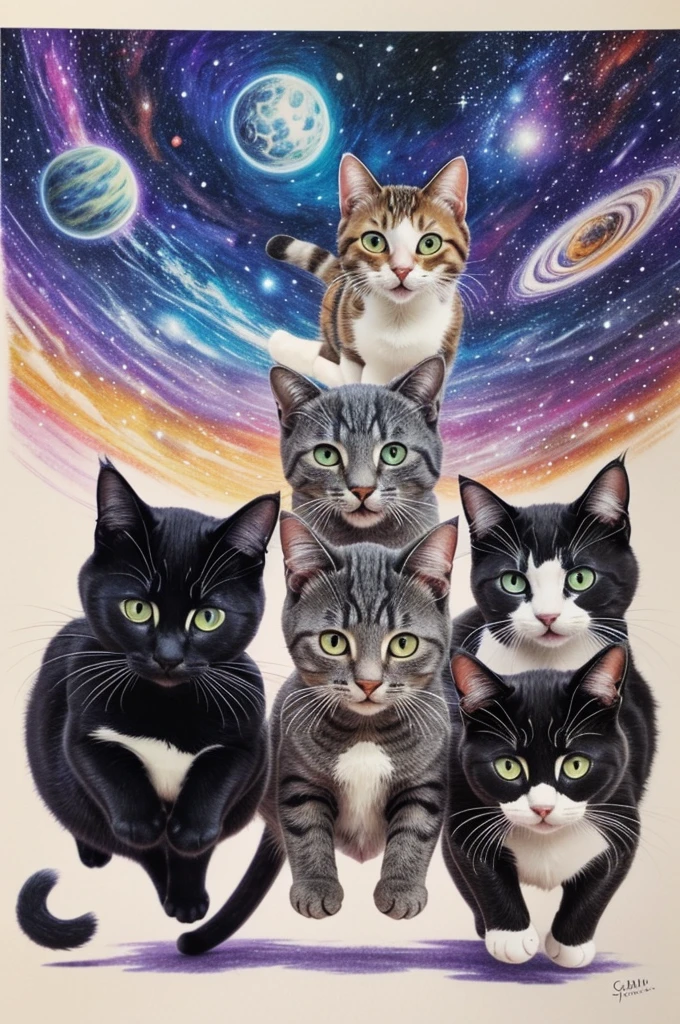 Image of three cats playing and jumping: a cat should be medium dark gray, there must be a white cat with heterochromia, and finally a black tortoiseshell cat with small orange spots.Cats should be on a universe background with galaxies and stars. The background must have blue and purple colors. The drawing style should be like kawaii anime.