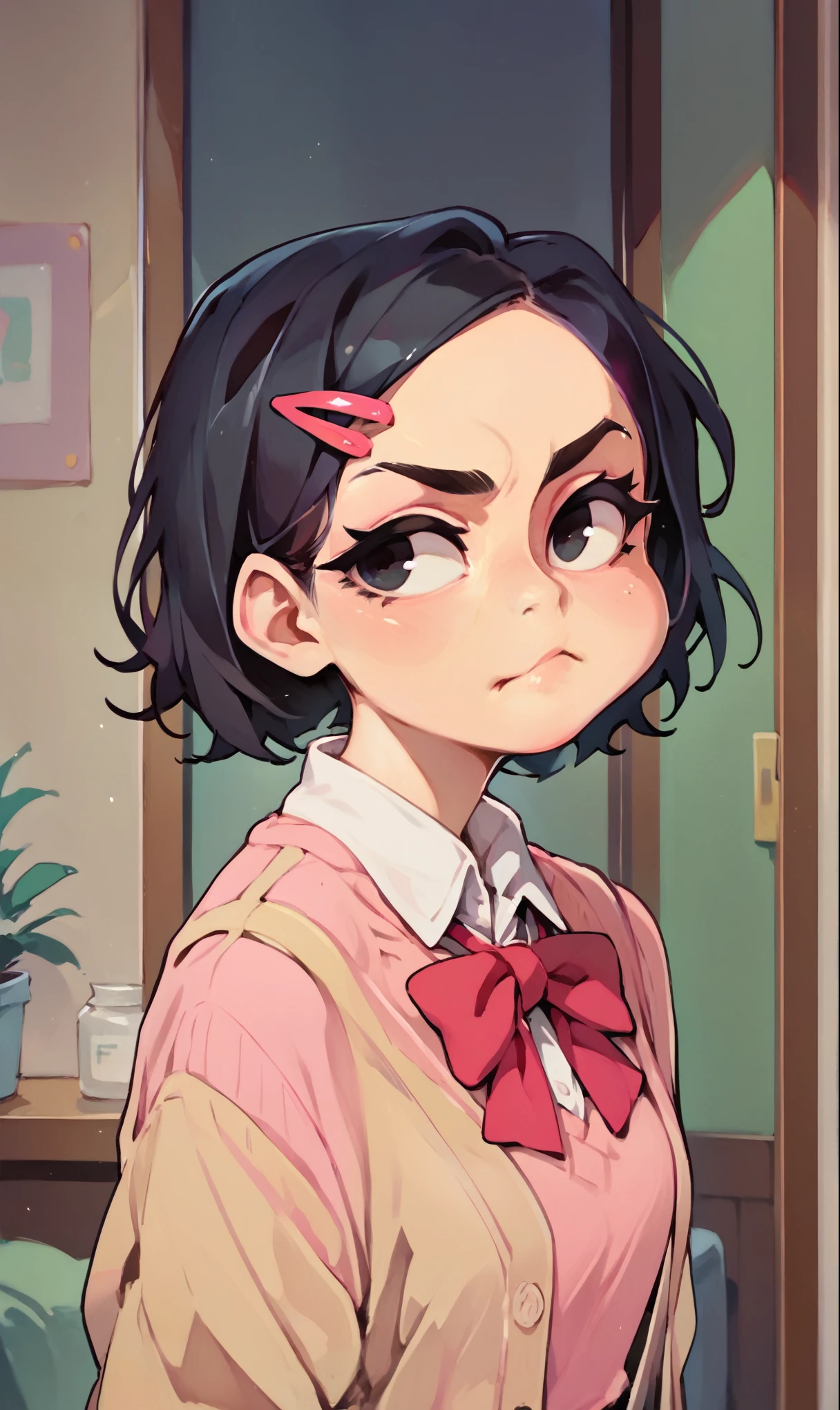 (score_9, score_8_up), score_7_up, score_6_up, score_5_up, score_4_up, Zenko, 1girl, black hair, half-length portrait, hair ornament, hairclip, black eyes, short hair, beige cardigan, cardigan, pink dress, red ribbon, standing, hands behind back, looking away, pout, white socks, black footwear, cheeks, pout, indoors, bedroom, close-up xaxaxa