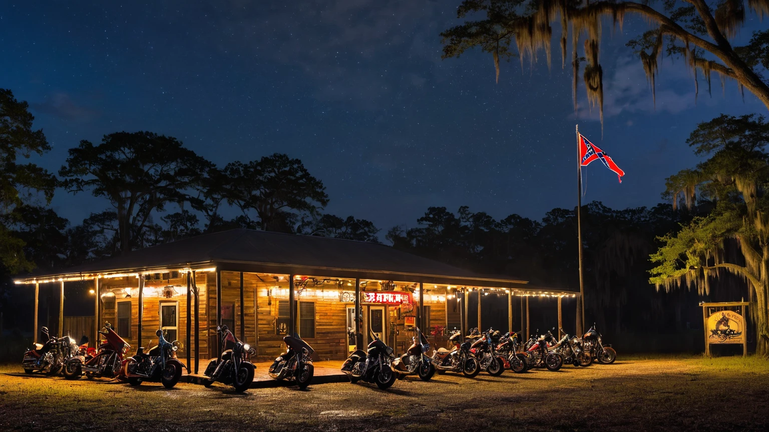 exterior façade of a biker bar with motorcycles aligned in parking lot, patio lights, confederate flag flying on flagpole, near a murky Louisiana swamp surrounded with bald cypress trees, night sky, night time