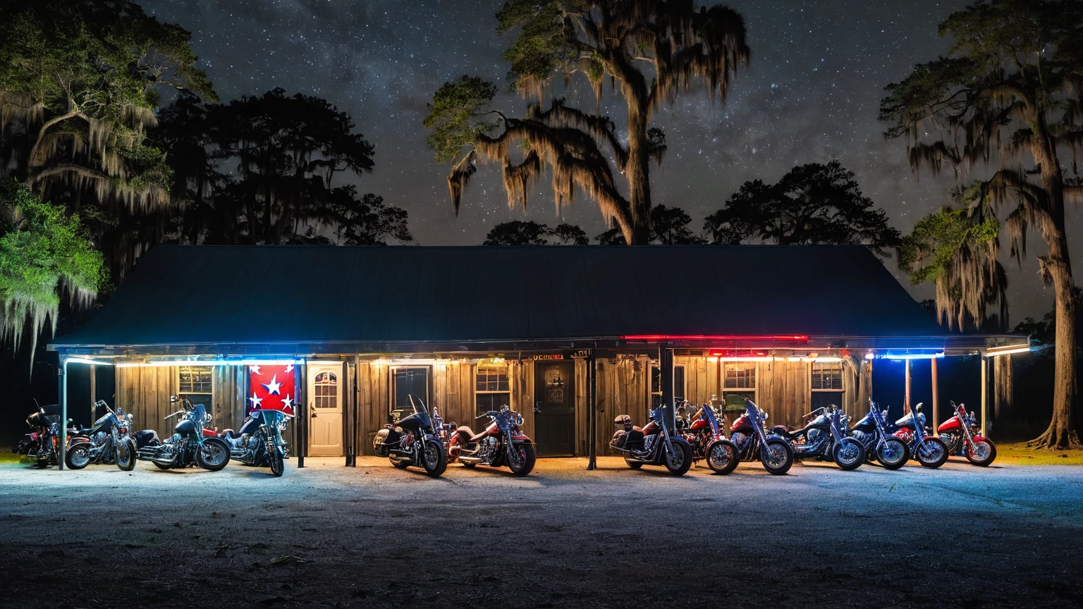 exterior façade of a biker bar with motorcycles aligned in parking lot, patio lights, confederate flag flying on flagpole, near a murky Louisiana swamp surrounded with bald cypress trees, night sky, night time
