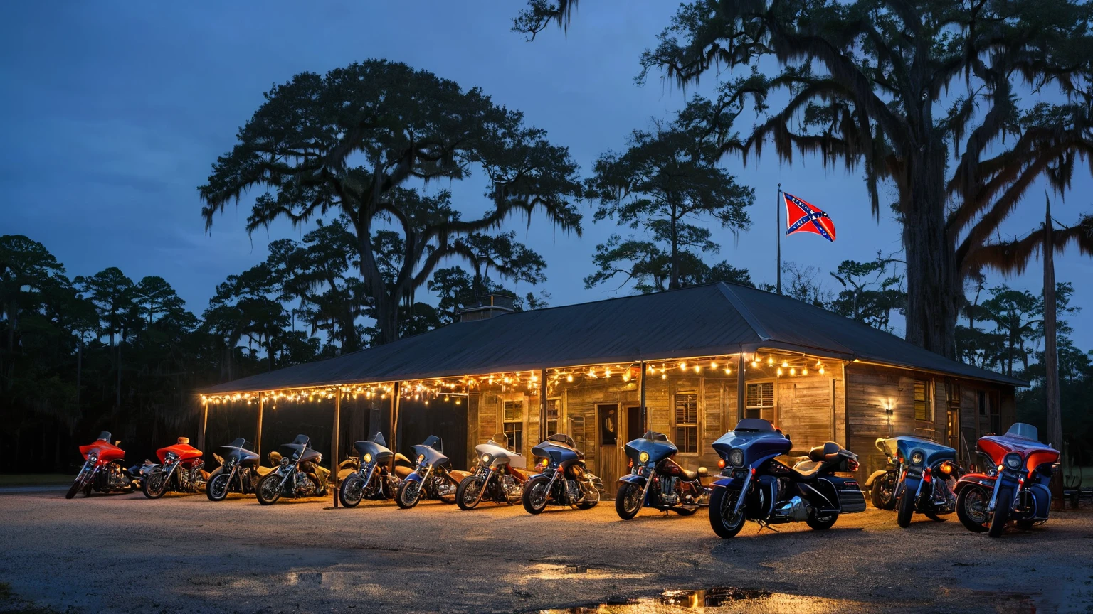 exterior façade of a biker bar with motorcycles aligned in parking lot, patio lights, confederate flag flying on flagpole, near a murky Louisiana swamp surrounded with bald cypress trees, night sky, night time