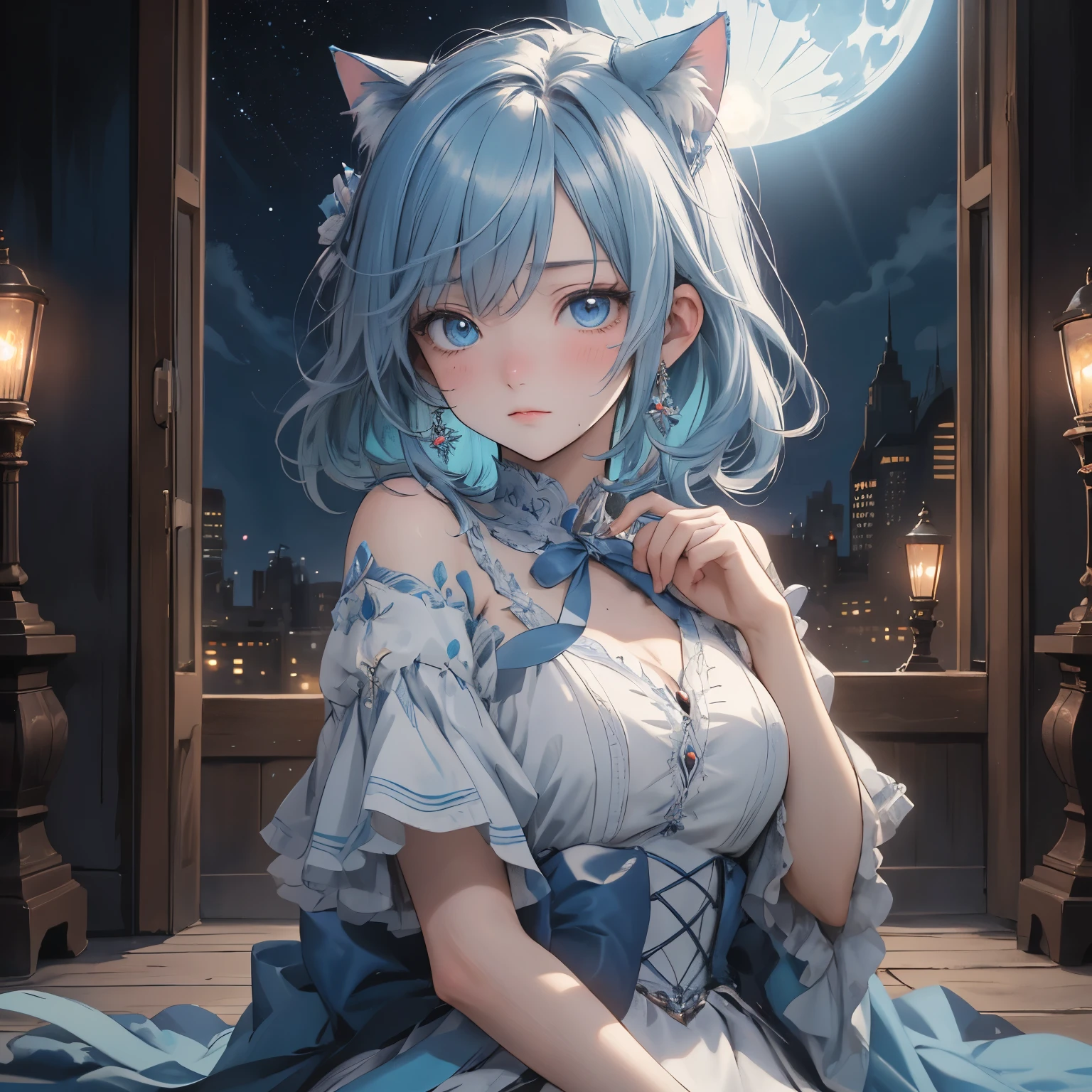(masterpiece), Highest quality, Ultra-high resolution,Cat with light blue ribbon、Light blue hair、Light blue eyes、Light blue clothes、Romance、painful、Love Story、night、moon、Cinderella