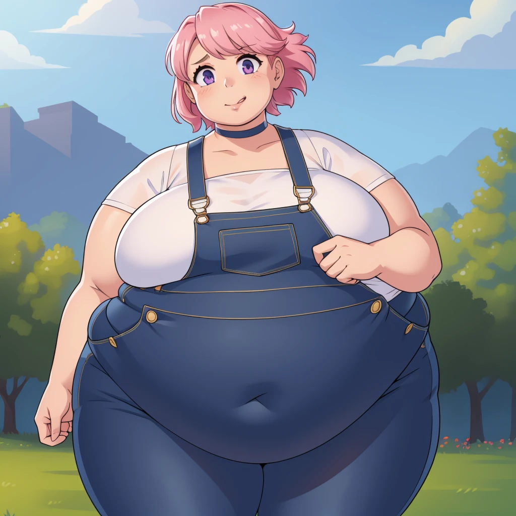 (Looking at viewer:1.2), (black pupils)Mouth open, parted lip s, mouth wide open, sticking out tongue, exposed belly, slutt (Pale skin:1.0)Up close, Holding belly, hands on belly, outgro wn clothes,Pale skin,fat, farm backround, upper body, lookin g at viewer, 1girl, solo, short pink hair, (dark blue choker), (d ark blue denim overalls), (purple eyes), (pink boots), (white s houlder lantern sleeve blouse, tucked in pants, Round face, d ouble chin, fat chin, fat cheeks, fat neck, round face, SSBB W, flabby arms, round face, double chin, fat double chin, big double chin, fat neck, chubby cheeks, fat thighs, fat calves, morbidly obese, flabby, giant, large belly, obese, fat face, b elly, double chin, obesity, flabby breasts, fat arms and legs, f at everything,