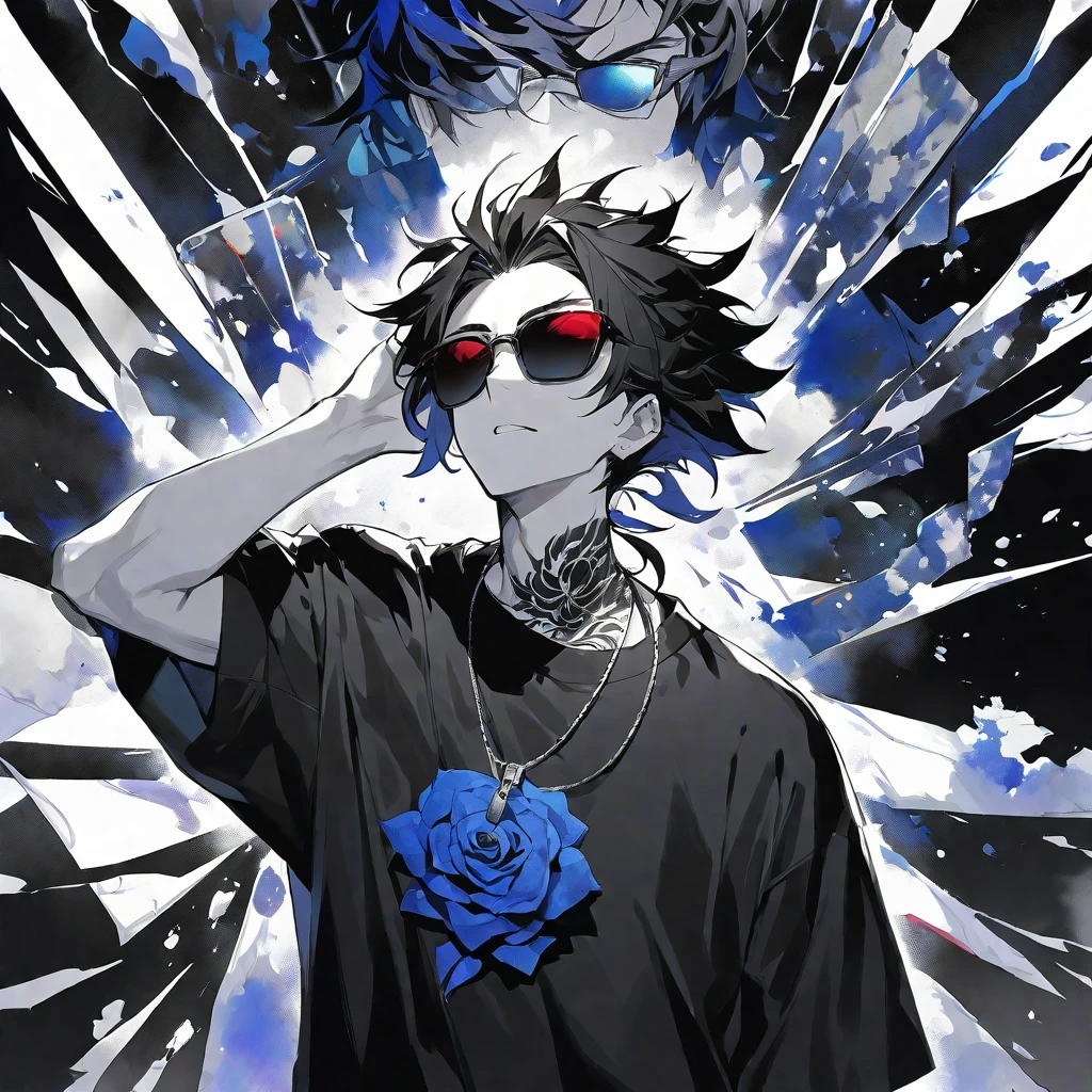 Solo,handsome, monochrome,watercolor,1 male, Ponytail, Braided black hair, red eyes, Gojo Satoru,devil,ピアス,ネックレス,casual,Blue Rose Tattoo,black Oversized 服,casual,Stylish,cool,Wear sunglasses around your neck,Void,look up,
blackbackground,İcon,Despise face up