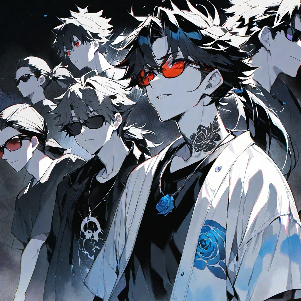 独奏, handsome, monochrome,watercolor,1 male, Ponytail, Braided black hair, red eyes, Gojo Satoru,casual,Blue Rose Tattoo,black Oversized 服,casual,Stylish,cool,Wear sunglasses around your neck,Void,look up,
blackbackground,İcon,Despise face up