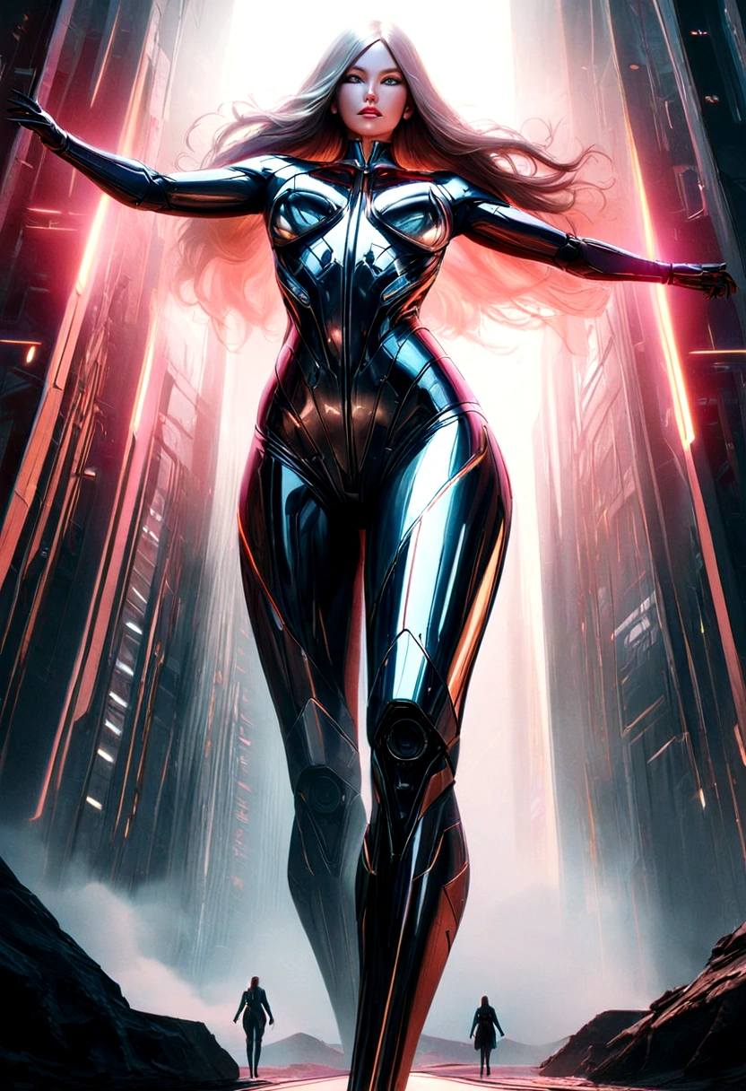 A giant woman in a sleek futuristic power suit, highly detailed, hyper realistic, 8k, cinematic lighting, dramatic pose, glowing energy effects, intricate mechanical design, gleaming metallic surfaces, complex sci-fi environment, moody color palette, atmospheric lighting