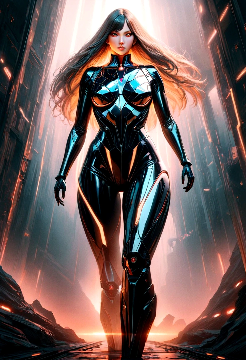 A giant woman in a sleek futuristic power suit, highly detailed, hyper realistic, 8k, cinematic lighting, dramatic pose, glowing energy effects, intricate mechanical design, gleaming metallic surfaces, complex sci-fi environment, moody color palette, atmospheric lighting