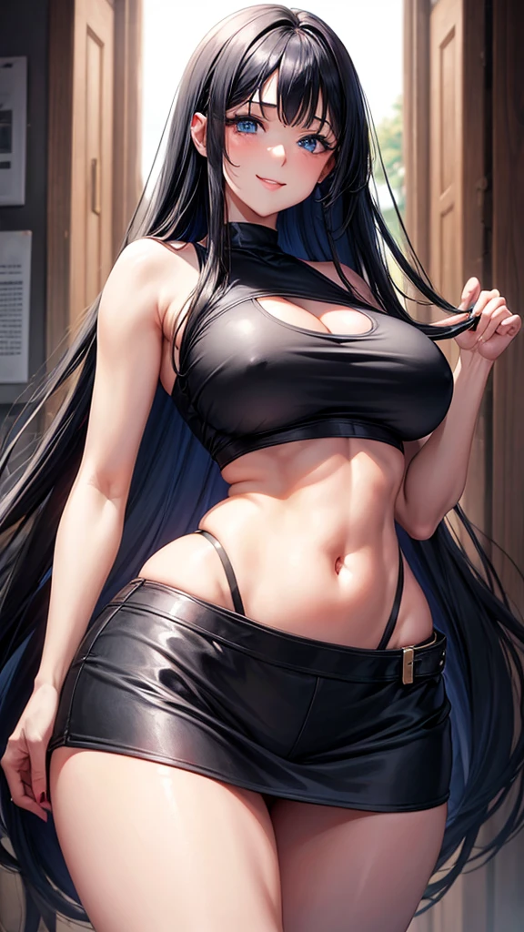 1 mature girl, beautiful face, blue eyes, red cheeks, smile, long straight hair, black hair, long bangs, seky body, colossal tits, overmany, big and droopy, big titietra, wide hips, tank top crop top without straps, mini leather skirt