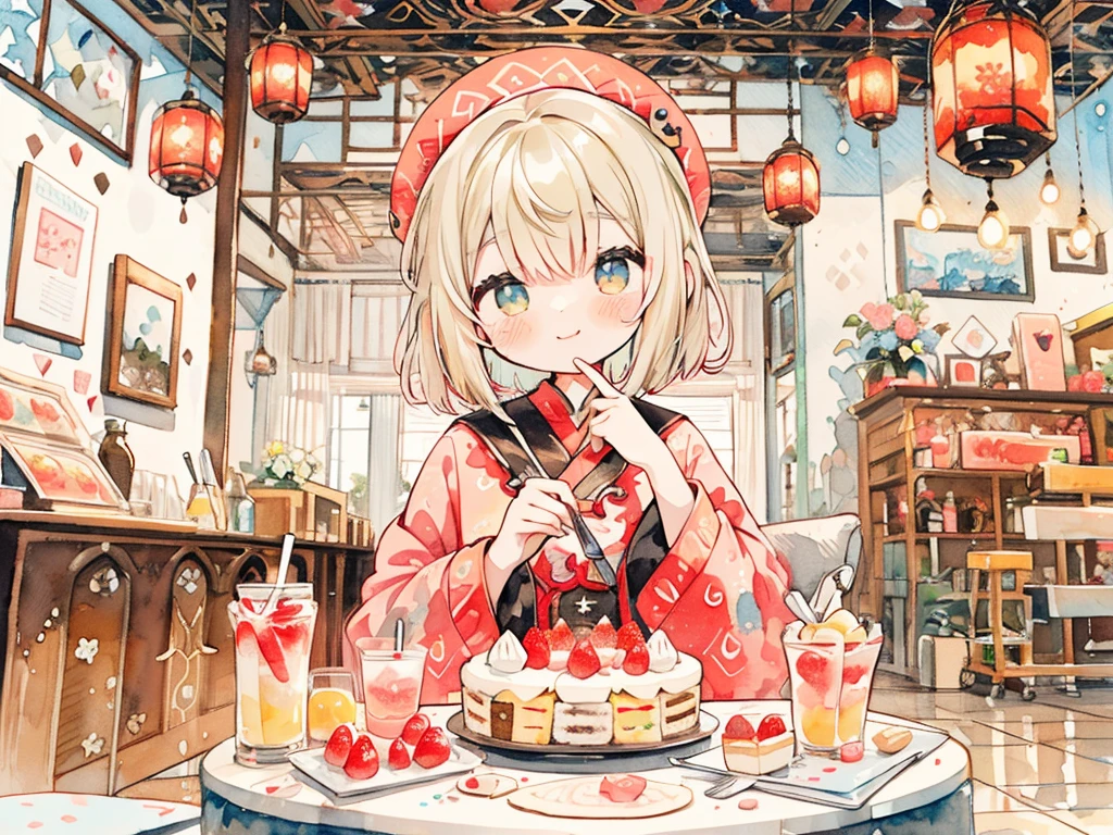 (PastelColors:1.5)、(Cute illustration:1.5)、(watercolor paiting:1.2)、1 Youth Full Body Subian、facing front、Cake-themed witches、Holding a fork、Fantasia、Strawberry hat、Chinese、light beige hair、short-hair、a magical world、Cake clothes、some shortcake、Happiness、kirakira、smil、The best smile、White and red motifs、Red ribbons、lots of ribbons