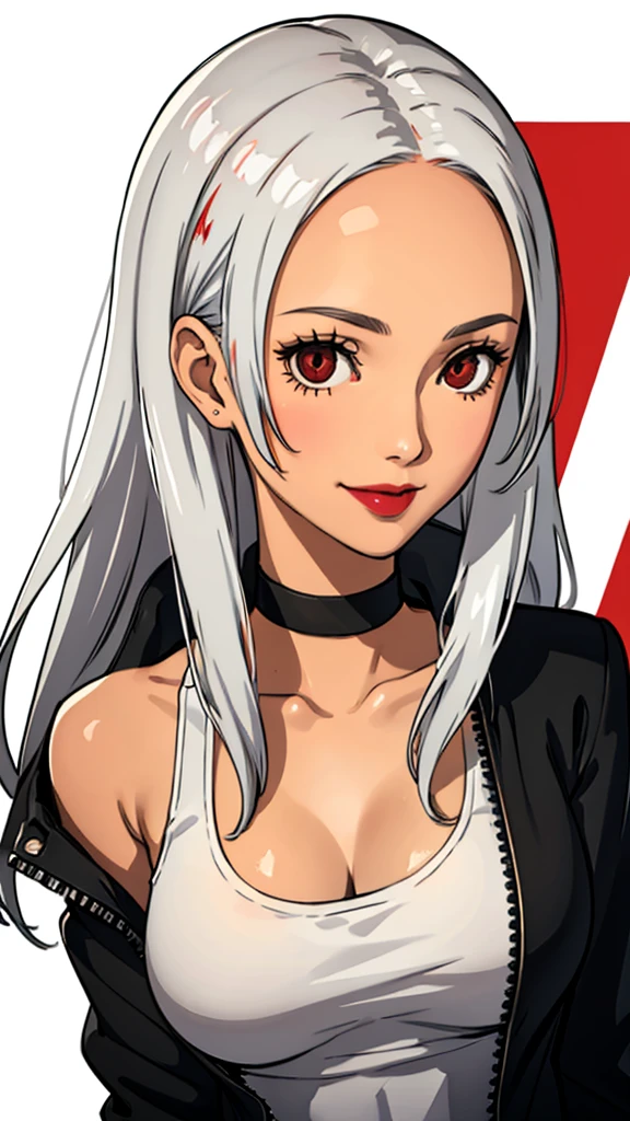 1 girl, milf, Red eyes, long hair, black choker, lipstick, smile, white hair, tank top, medium breast, portrait, face portrait, wheatskin, jacket, forehead