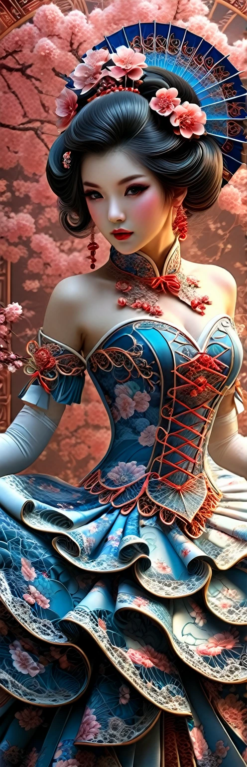 Sublime geisha rousse portant une sublime Cheongsam dress très détaillé en dentelle fractal, dentelles fractales Sexy, Costume Lolita, Lingerie Babydoll Costume, Joli Style Chinois Cosplay, Chemise de nuit sexy pour femme avec col montant imprimé creux et fente latérale et dos nu, jupe courte fendue haute, sublime longues jambes, éclairage romantique et sensuel, sublime poitrine effet push-up , ((proportions parfaites, masterpiece, hyperRéaliste, masterpiece, superior quality, high resolution, Extremely detailed, highly detailed 8K wallpaper, détails fractales, pieds nus, bioluminescent skin))