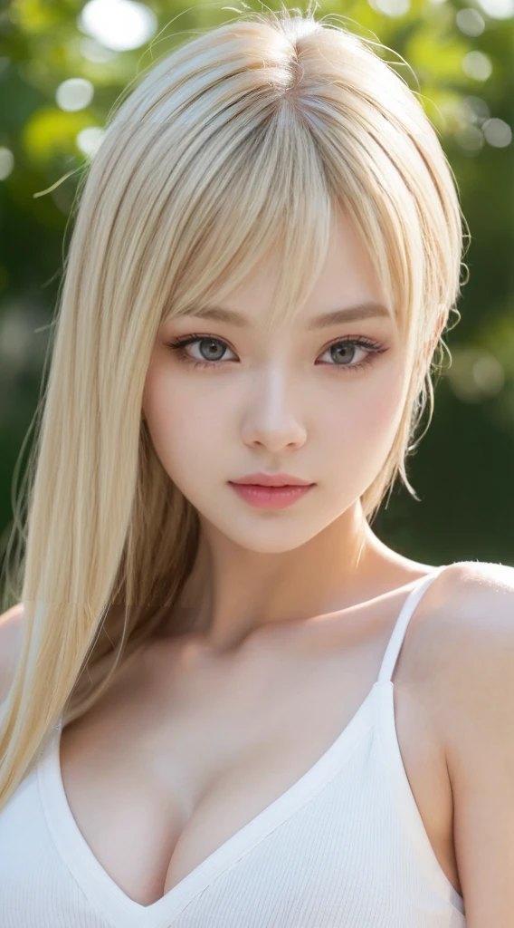 (((Blonde、forehead、long hair))), ( face, virgin face,  masterpiece, High resolution, 8K, 1 Girl, Very detailed, Fine skin, White skin, Lighten up the subject, Movie Light, beautiful face, Beautiful Eyes, Lip gloss), (((Detailed anatomy))), Blonde, Blunt bangs, Very short hair, blue eyes, (Slender body), (((large natural breasts))), photograph, (Focus on the upper body), 可愛い笑face, Looking at the audience, White knit dress, Bare neck, Bare shoulders and neck, Blonde,, Silky straight hair, Blunt bangs, 