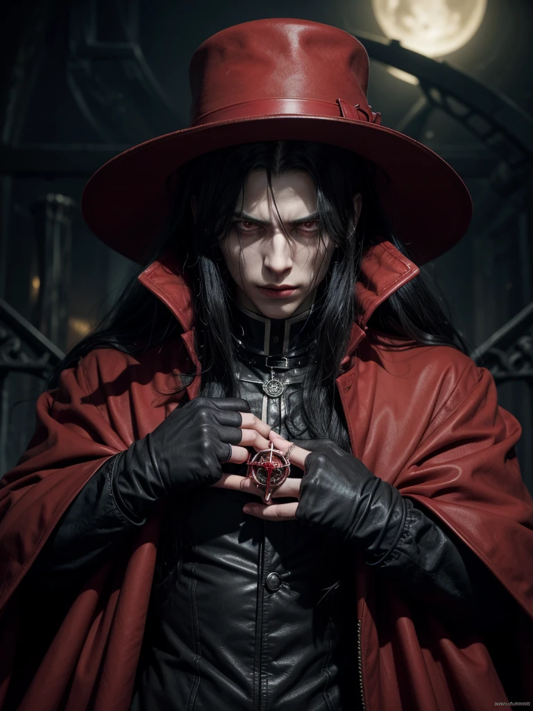 Alucard, from "Hellsing", is a powerful vampire who serves the Hellsing organization. He is tall, with long black hair, red eyes, and wears a red coat and hat. Arrogant and sadistic, he is loyal to leader Integra Hellsing. His abilities include strength, speed, regeneration, shapeshifting, and shadow control. Originally known as Count Dracula, he was subjugated by the Hellsing family and now fights supernatural threats to protect
