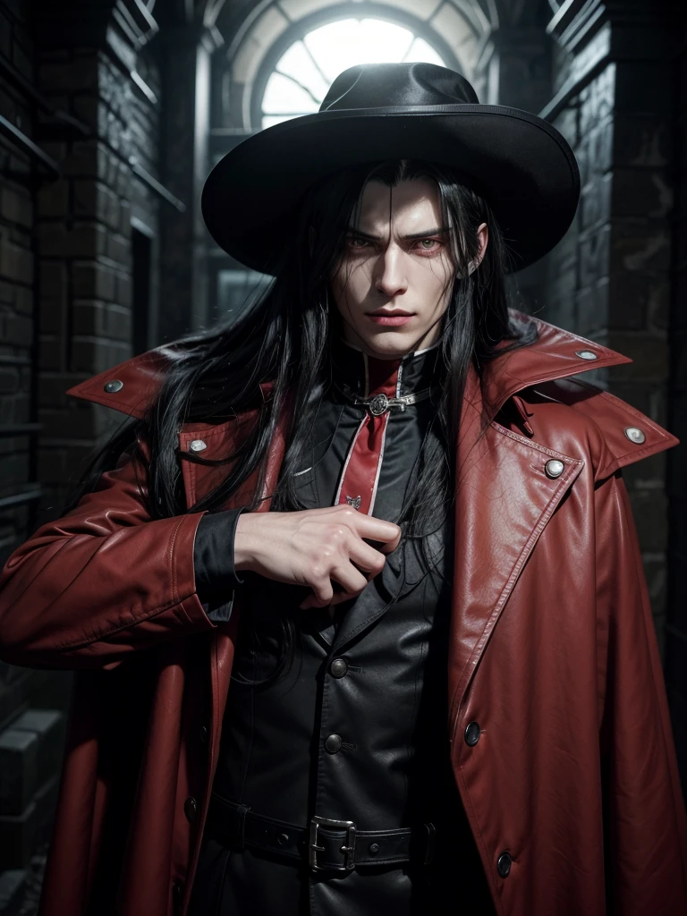 Alucard, from "Hellsing", is a powerful vampire who serves the Hellsing organization. He is tall, with long black hair, red eyes, and wears a red coat and hat. Arrogant and sadistic, he is loyal to leader Integra Hellsing. His abilities include strength, speed, regeneration, shapeshifting, and shadow control. Originally known as Count Dracula, he was subjugated by the Hellsing family and now fights supernatural threats to protect