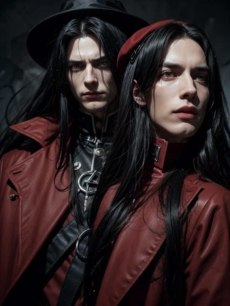 Alucard, from "Hellsing", is a powerful vampire who serves the Hellsing organization. He is tall, with long black hair, red eyes, and wears a red coat and hat. Arrogant and sadistic, he is loyal to leader Integra Hellsing. His abilities include strength, speed, regeneration, shapeshifting, and shadow control. Originally known as Count Dracula, he was subjugated by the Hellsing family and now fights supernatural threats to protect