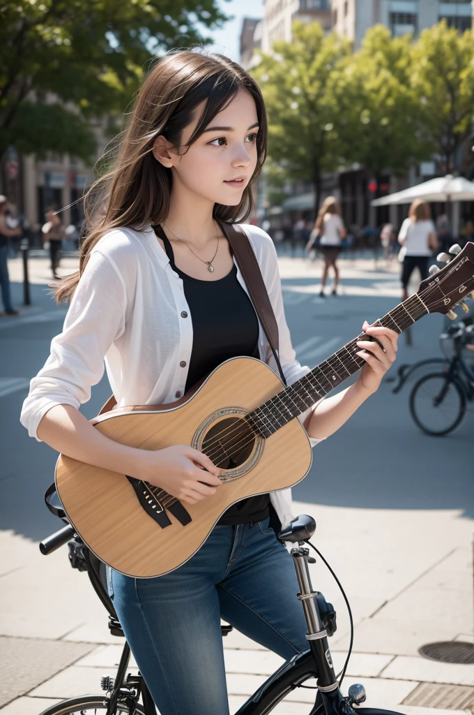 Young woman playing guitar in the square by bicycle 