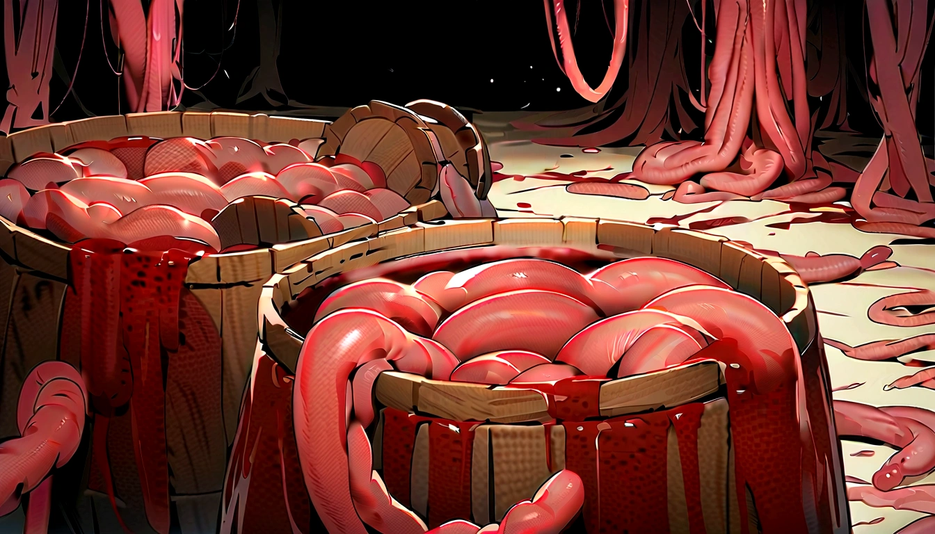 wooden barrels filled with human intestines, intestines, blood, gore, horror,