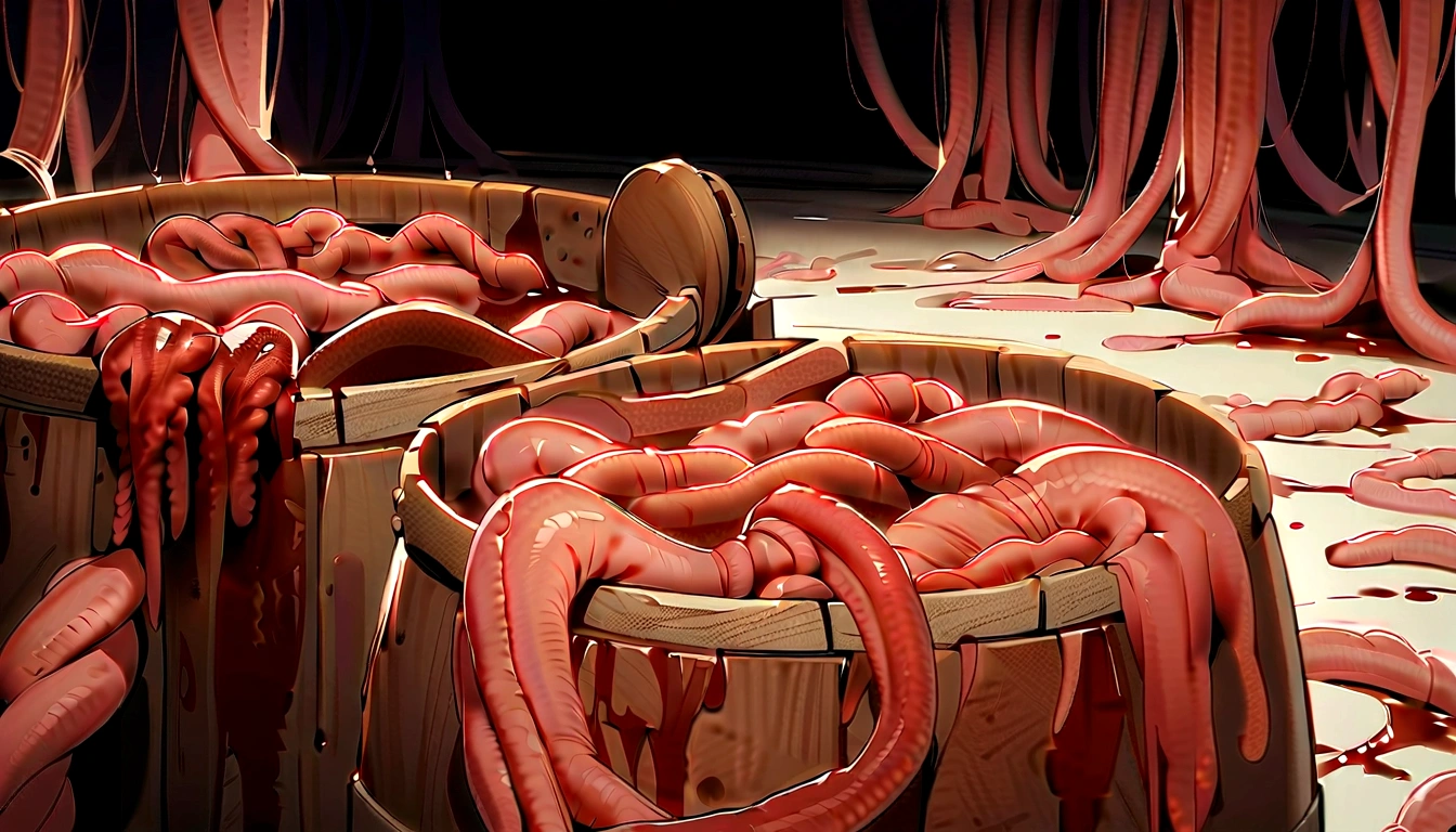 wooden barrels filled with human intestines, intestines, blood, gore, horror,