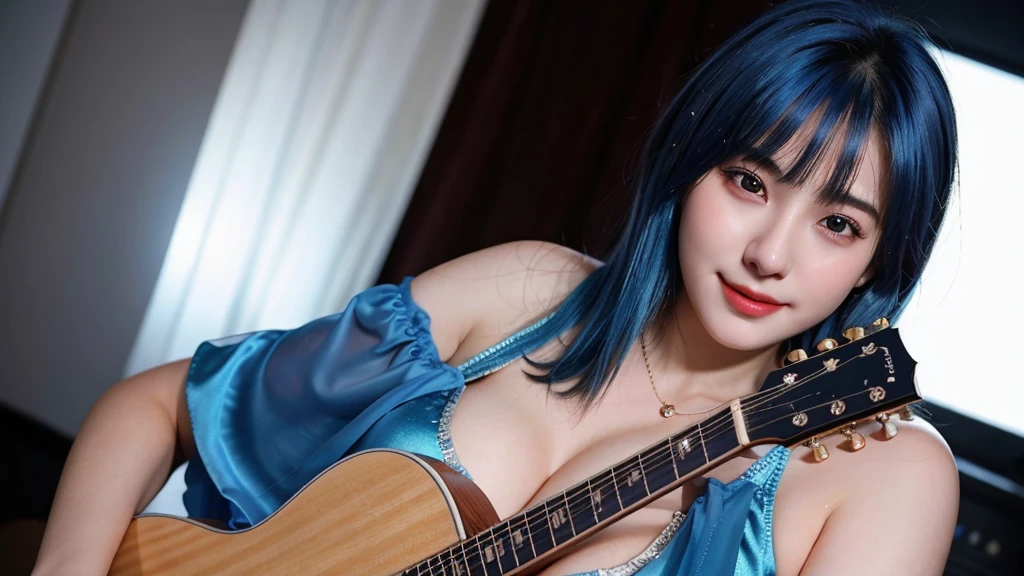 ((best quality)), photorealistic, photorealism, Photorealistic, high resolution, ((Wearing a party dress))、smile、A superb beauty、Super cute、ennui、Rare beauty、Very Short hair、Sad、white skin、pale skin, Very short hair layered、Cute Smile、Fragrant beauty、Billboard background、Masterpiece、Best Quality、Refers to 5 books、Sweat glistening on my chest、Sweat glistening on my face、Large breasts、Blue hair、Age 20 years old、Mysterious look、A sad expression、Blue Hair、Glamorous concert stage、Enchanting lighting、Sweating profusely all over the body、A lot of sweat and light on the thighs、Shiny thighs、Plenty of sweat glistening on the thighs、A large amount of sweat glistens on my thighs、Sweating profusely、Gal、Large breasts、Beautiful face、Alluring expression、Sitting、Sitting playing guitar、Thick thighs、Playing guitar、I have a guitar、Sing a song enthusiastically、Playing guitar in a band、Rock band、Playing guitar chords、Live House Background、Sing a song、Open your mouth、Live house scenery、Mic stand、Glamorous live stage、Dynamic Angle、Cinematic lighting, Colorfull lighting