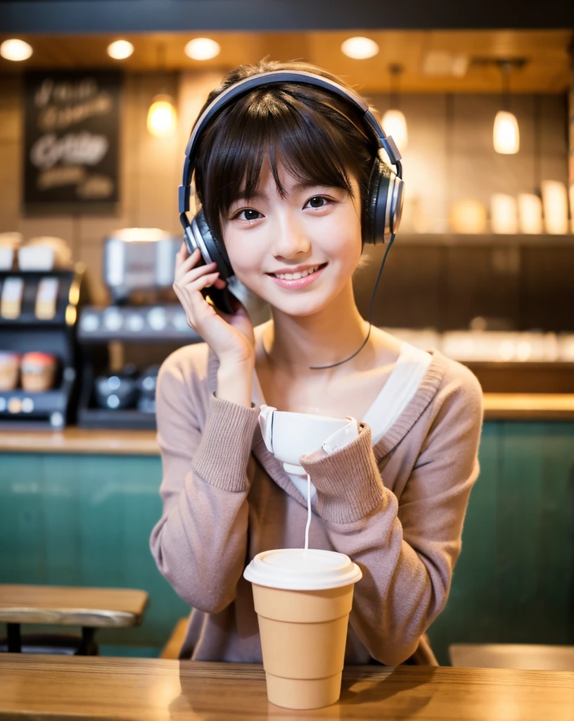 Ultra HD、128k、masterpiece、A cute first grade elementary school girl studying in a coffee shop while listening to music with headphones、clavicle, RAW Photo、pretty girl、Hands on headphones, Warm lighting、Beautiful night view、Japanese anime style、Looking at this, smile, Smile