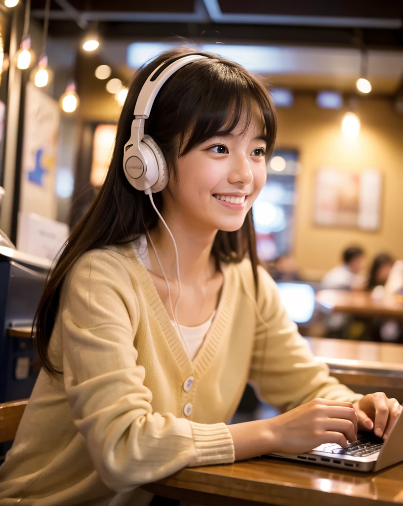 Ultra HD、128k、masterpiece、A cute first grade elementary school girl studying in a coffee shop while listening to music with headphones、clavicle, RAW Photo、pretty girl、Hands on headphones, Warm lighting、Beautiful night view、Japanese anime style、Looking at this, smile, Smile