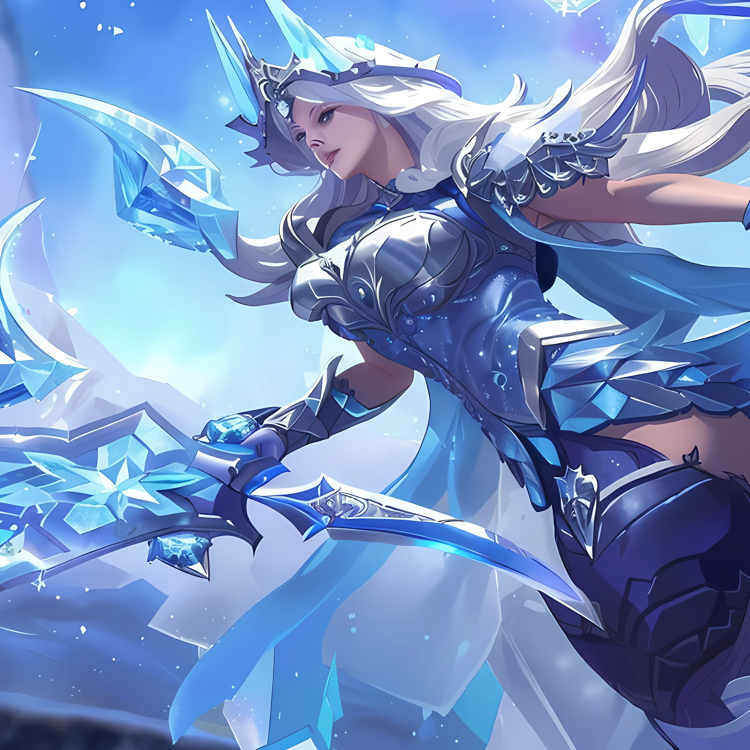 a close up of a woman with a sword and a sword, crystalline skin, ice crystal armor, ice sorceress, irelia, irelia from league of legends, freezing blue skin, extremely detailed artgerm, blue and ice silver color armor, queen of ice and storm, ice mage, sliver ice color reflected armor, ashe