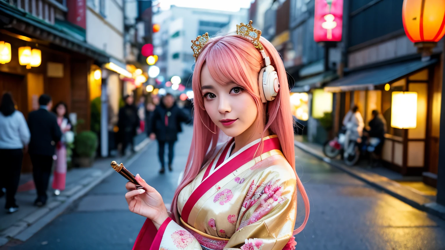 ((Highest quality)), ((masterpiece)), (detailed), One girl, セクシー
Here is the English translation of the prompt:
Prompt:
"Depict a Japanese street with dimly lit lanterns in the background, and in the foreground, portray a glamorous woman in traditional Japanese clothing. She has pink hair adorned with luxurious hair ornaments (red and green flowers, golden decorations). Her eyes are gold and red, highlighted with vivid pink eyeshadow. Her lips are red and slightly glossy. The woman is holding a long, Thin Kiseru (Japanese smoking pipe) in one hand and is gazing towards the camera. Her kimono features traditional floral patterns, creating an overall fantastical and beautiful atmosphere. She is wearing headphones. The girl has long pink hair."