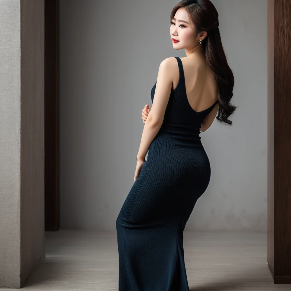 Realistic, high quality, Chinese woman wearing a maxi bodycon dress, knit dress, squatting down fully showing rear side